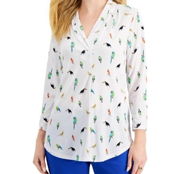 Charter Club White w/ Colorful Tropical Bird V-neck Pullover Blouse Size Large - Picture 7 of 7